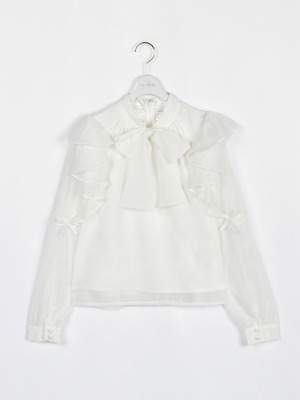 肩フリルラメリボンブラウス