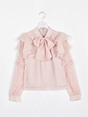 肩フリルラメリボンブラウス