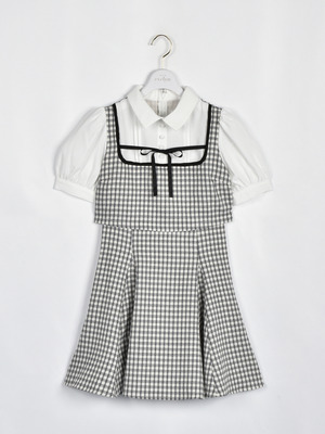 細リボン襟チェックワンピース