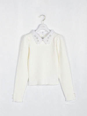 ビジュー襟付きリブニット