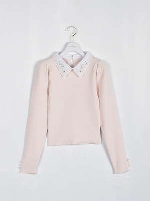 ビジュー襟付きリブニット