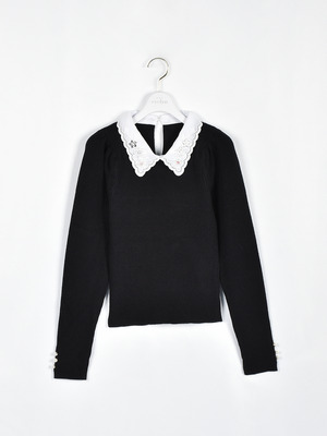 ビジュー襟付きリブニット