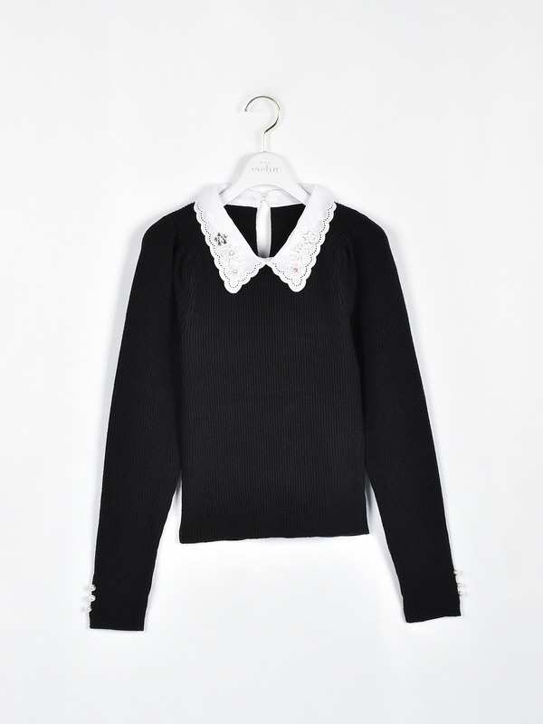 ビジュー襟付きリブニット 詳細画像 ブラック 1