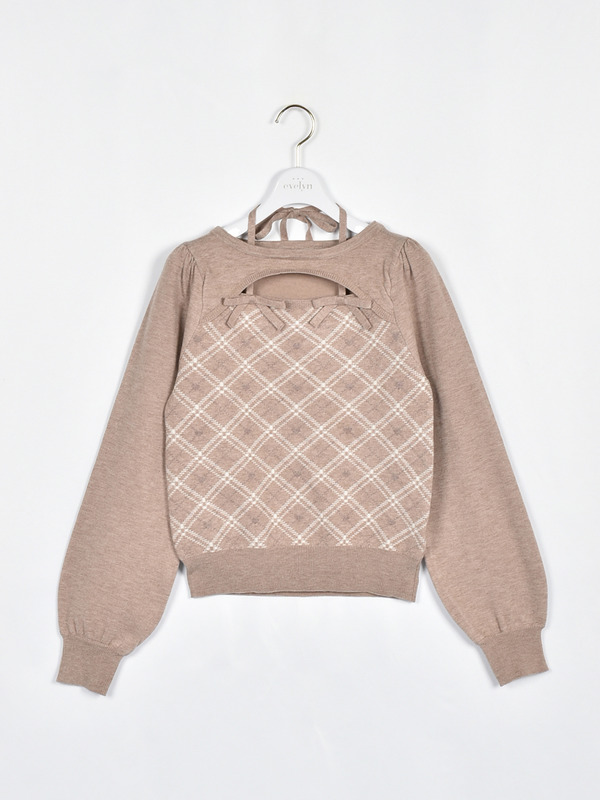 ダブルリボンチェックニット 詳細画像 ベージュ 1