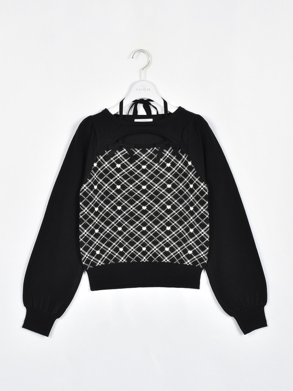 ダブルリボンチェックニット 詳細画像 ブラック 1