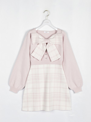 リボンチェックニットワンピース