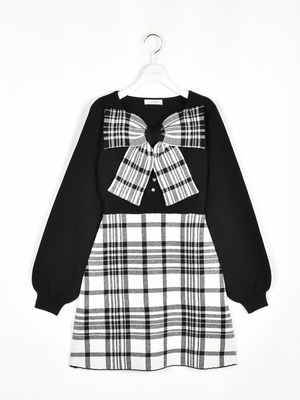 リボンチェックニットワンピース
