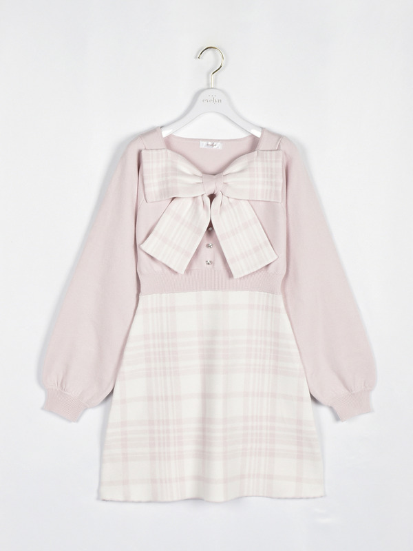リボンチェックニットワンピース 詳細画像 ピンク 1