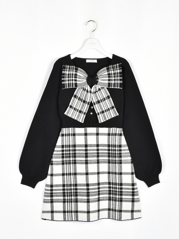 リボンチェックニットワンピース 詳細画像 ブラック 1