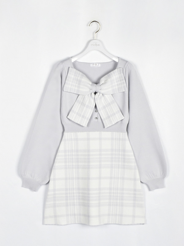 リボンチェックニットワンピース 詳細画像 アイスグレイ 1