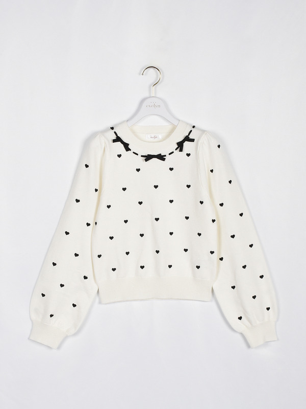 ハート刺繍リボンニット 詳細画像 オフホワイトブラック 1