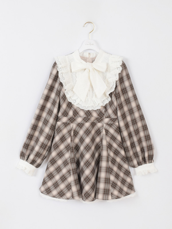 レースリボンチェックミニワンピース 詳細画像 ベージュ 1