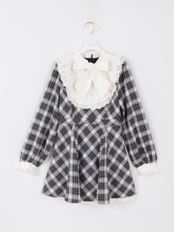 レースリボンチェックミニワンピース 詳細画像 ブラック 1