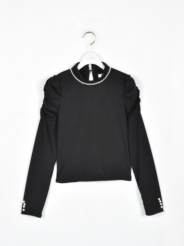 袖ギャザーリブトップス 詳細画像 ブラック 1