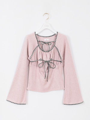 チェックパイピングリボントップス