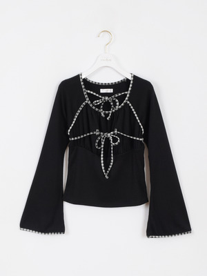 チェックパイピングリボントップス