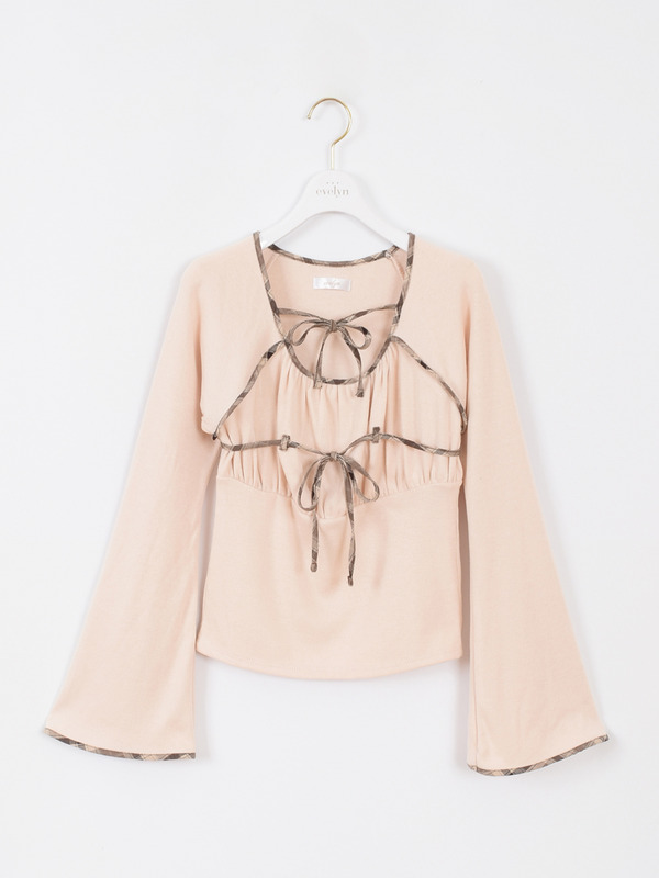 チェックパイピングリボントップス 詳細画像 ベージュ 1