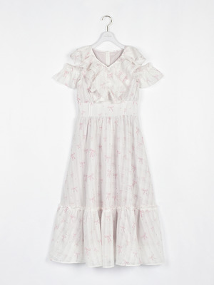 肩開きフリルロングワンピース