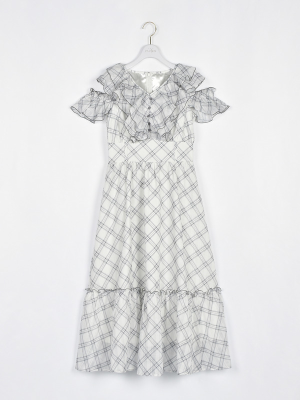 肩開きフリルロングワンピース 詳細画像 チェック 1