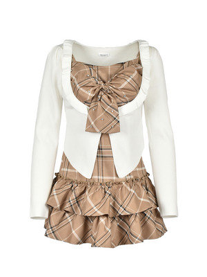 Frill Cardigan Check Ribbon Onepiece