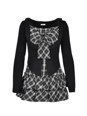 Frill Cardigan Check Ribbon Onepiece