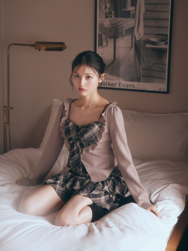 Frill Cardigan Check Ribbon Onepiece 詳細画像 ブラック 16