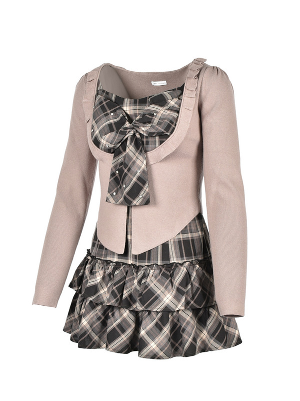 Frill Cardigan Check Ribbon Onepiece 詳細画像 ブラック 16