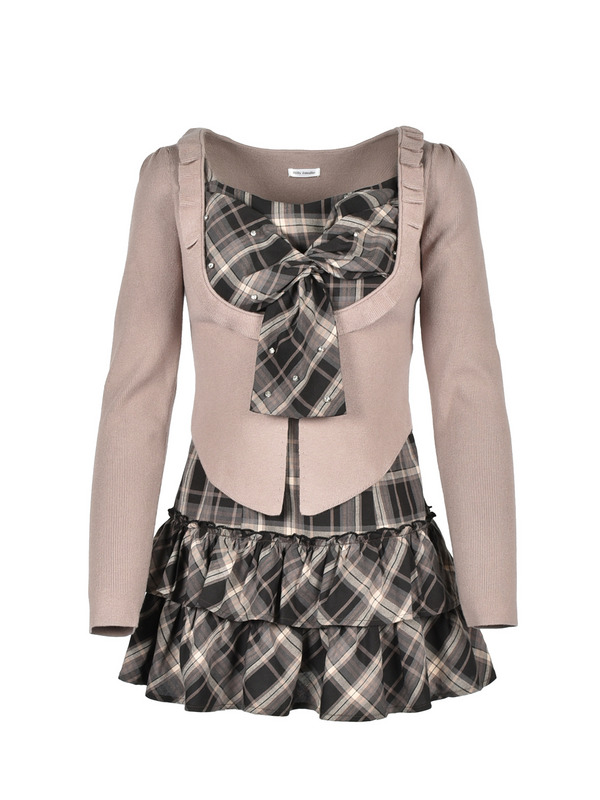 Frill Cardigan Check Ribbon Onepiece 詳細画像 ベージュ 1