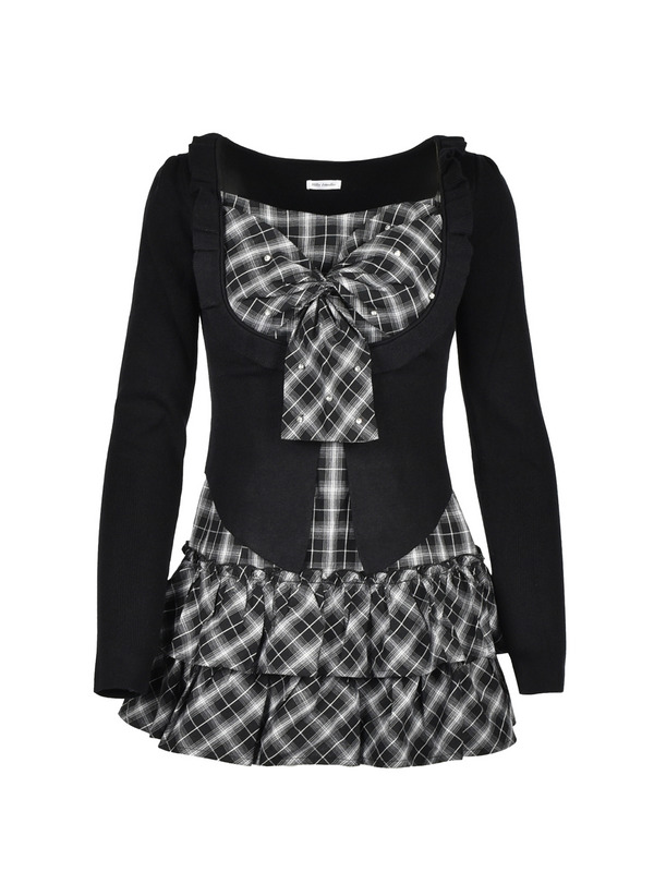 Frill Cardigan Check Ribbon Onepiece 詳細画像 ブラック 1