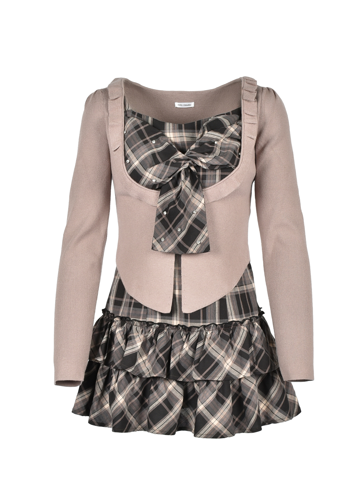Frill Cardigan Check Ribbon Onepiece｜Rilly emulie