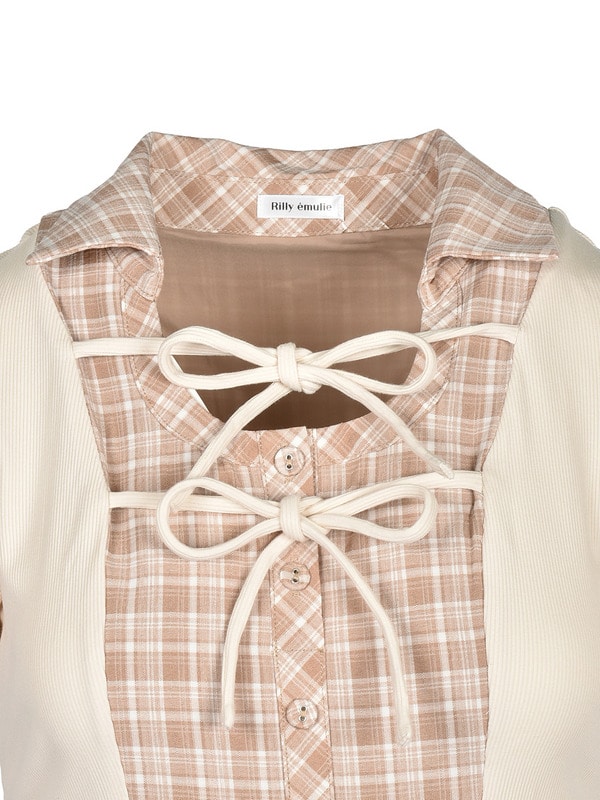 Double Ribbon Check Rib Onepiece 詳細画像 ベージュ 16