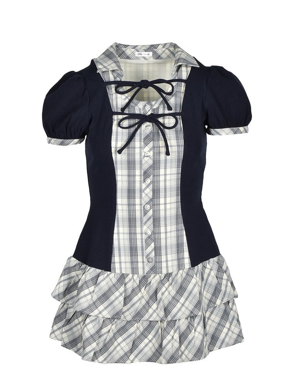 Double Ribbon Check Rib Onepiece 詳細画像 ネイビー 1
