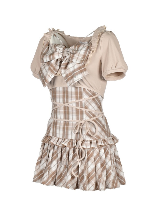Bust Ribbon Bijou Check Onepiece 詳細画像 ベージュ 16