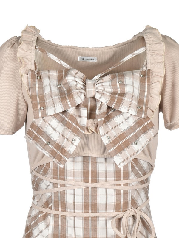 Bust Ribbon Bijou Check Onepiece 詳細画像 ベージュ 16