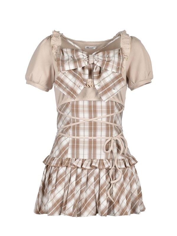 Bust Ribbon Bijou Check Onepiece 詳細画像 ベージュ 1