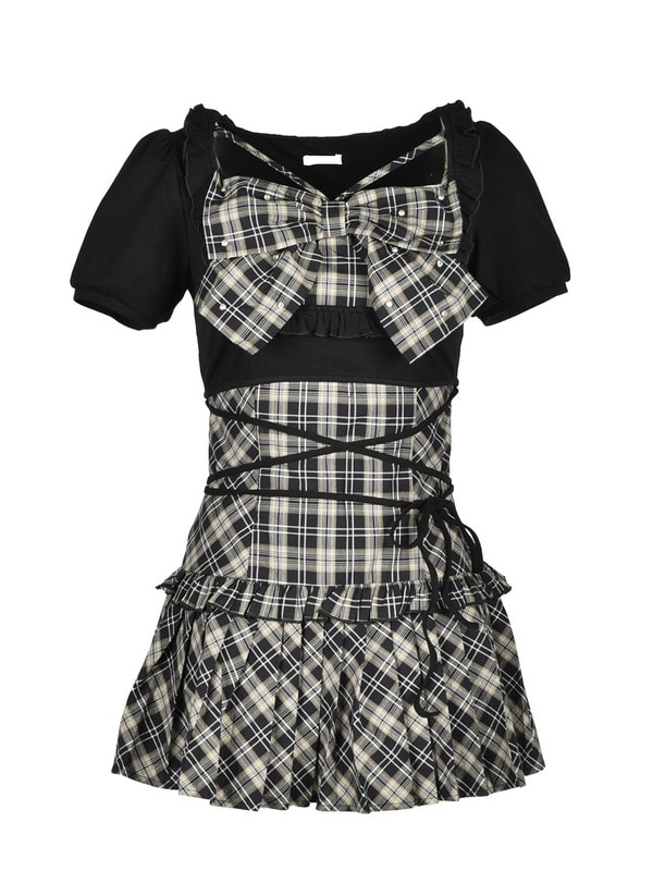 Bust Ribbon Bijou Check Onepiece 詳細画像 ブラック 1