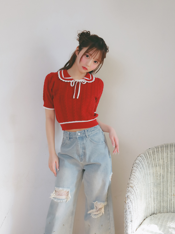 Ribbon Cropped Pointelle Knit 詳細画像 ピンク 16
