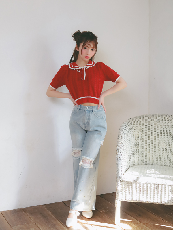 Ribbon Cropped Pointelle Knit 詳細画像 ピンク 16