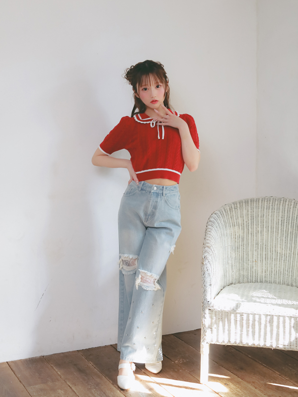 Ribbon Cropped Pointelle Knit 詳細画像 ピンク 16