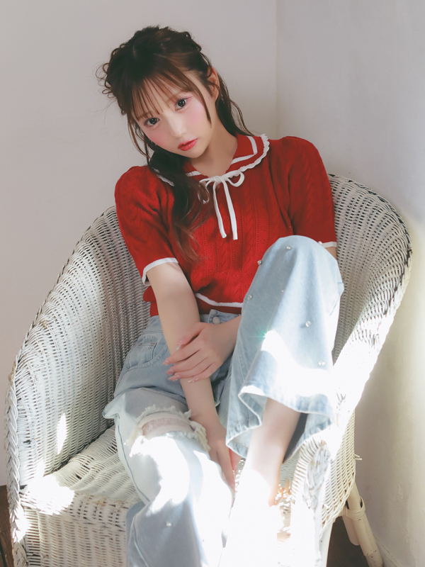 Ribbon Cropped Pointelle Knit 詳細画像 ピンク 16