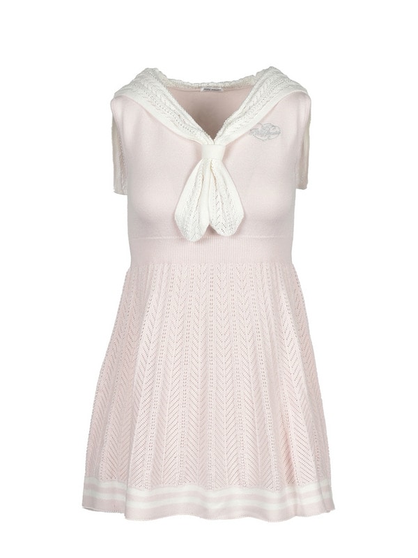 Tie Collar SleeveLess Knit Onepiece 詳細画像 ピンク 1
