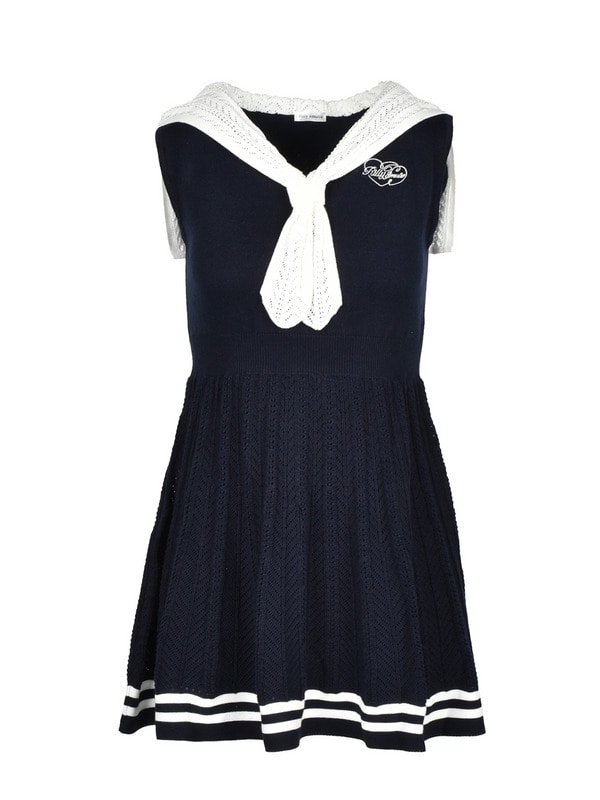 Tie Collar SleeveLess Knit Onepiece 詳細画像 ネイビー 1