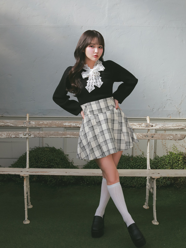 Corset Flare Tuck Skirt 詳細画像 ブラックチェック 16