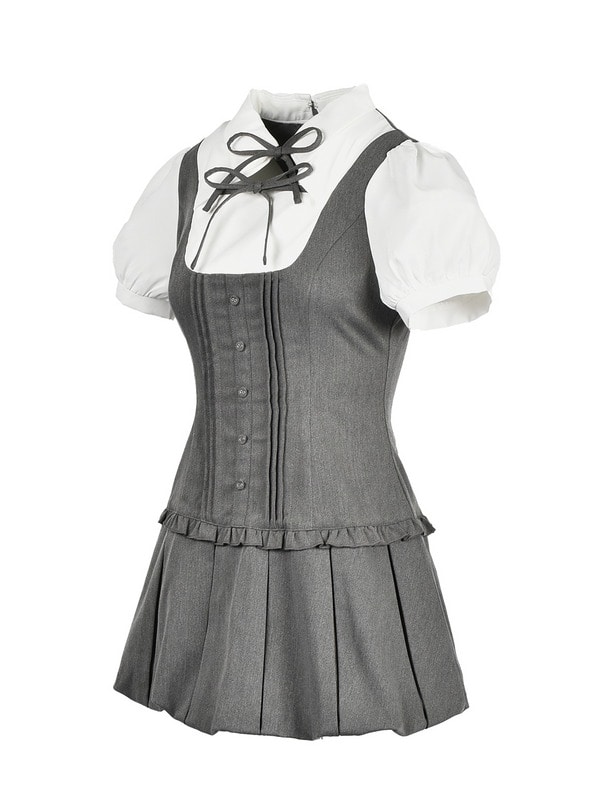 Double Ribbon Ballon Pleats Onepiece 詳細画像 チャコール 16