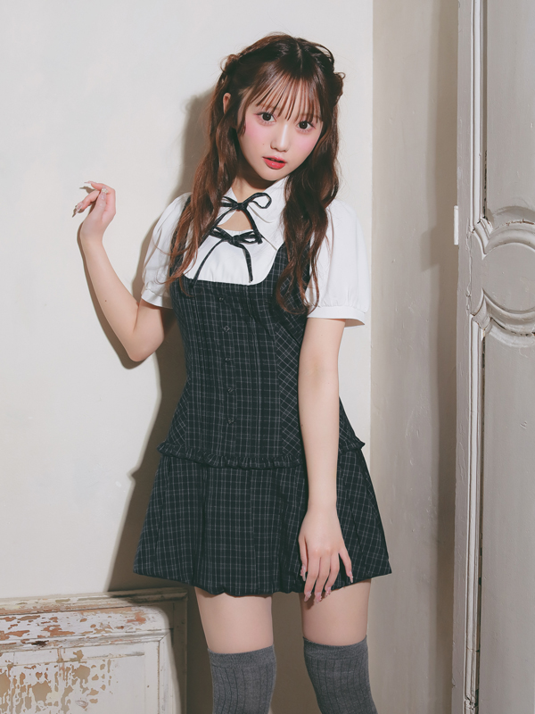 Double Ribbon Ballon Pleats Onepiece 詳細画像 チャコール 16