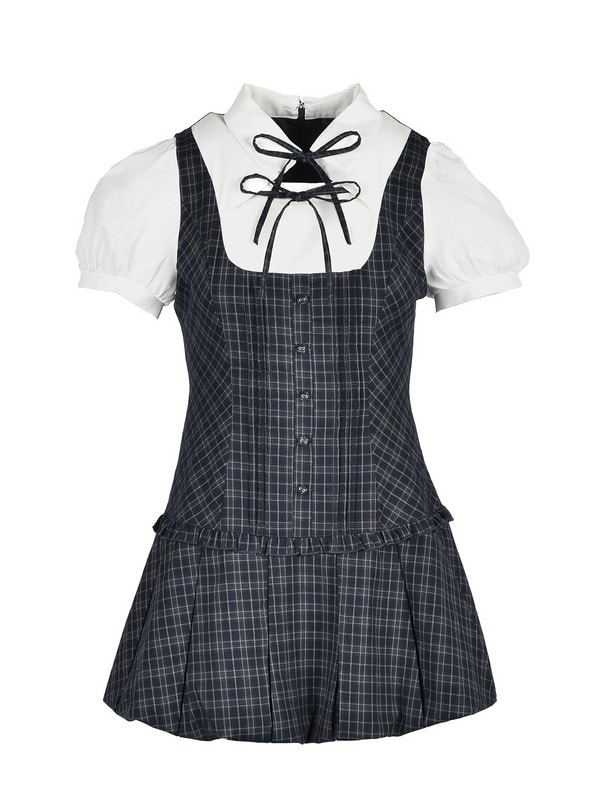 Double Ribbon Ballon Pleats Onepiece 詳細画像 チェック 1